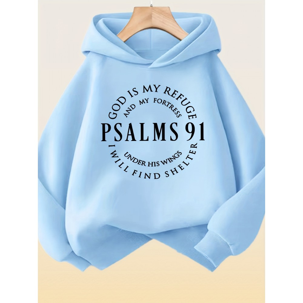 [Cozy Christian Faith Hoodie] 100% Polyester Cozy Women's Pink Christian Faith Hooded Sweatshirt with Psalm 91 Bible Verse Print | Machine-Washable Pullover for Casual Wear | Inspirational Religious Apparel for Fall/Winter Layering