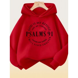 [Cozy Christian Faith Hoodie] 100% Polyester Cozy Women's Pink Christian Faith Hooded Sweatshirt with Psalm 91 Bible Verse Print | Machine-Washable Pullover for Casual Wear | Inspirational Religious Apparel for Fall/Winter Layering