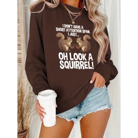 Women'S Plus Size Cartoon Squirrel Graphic Sweatshirt - Casual Long Sleeve Crew Neck, Machine Washable Polyester, Fall/Winter Sportswear with Funny Squirrel Applique Design