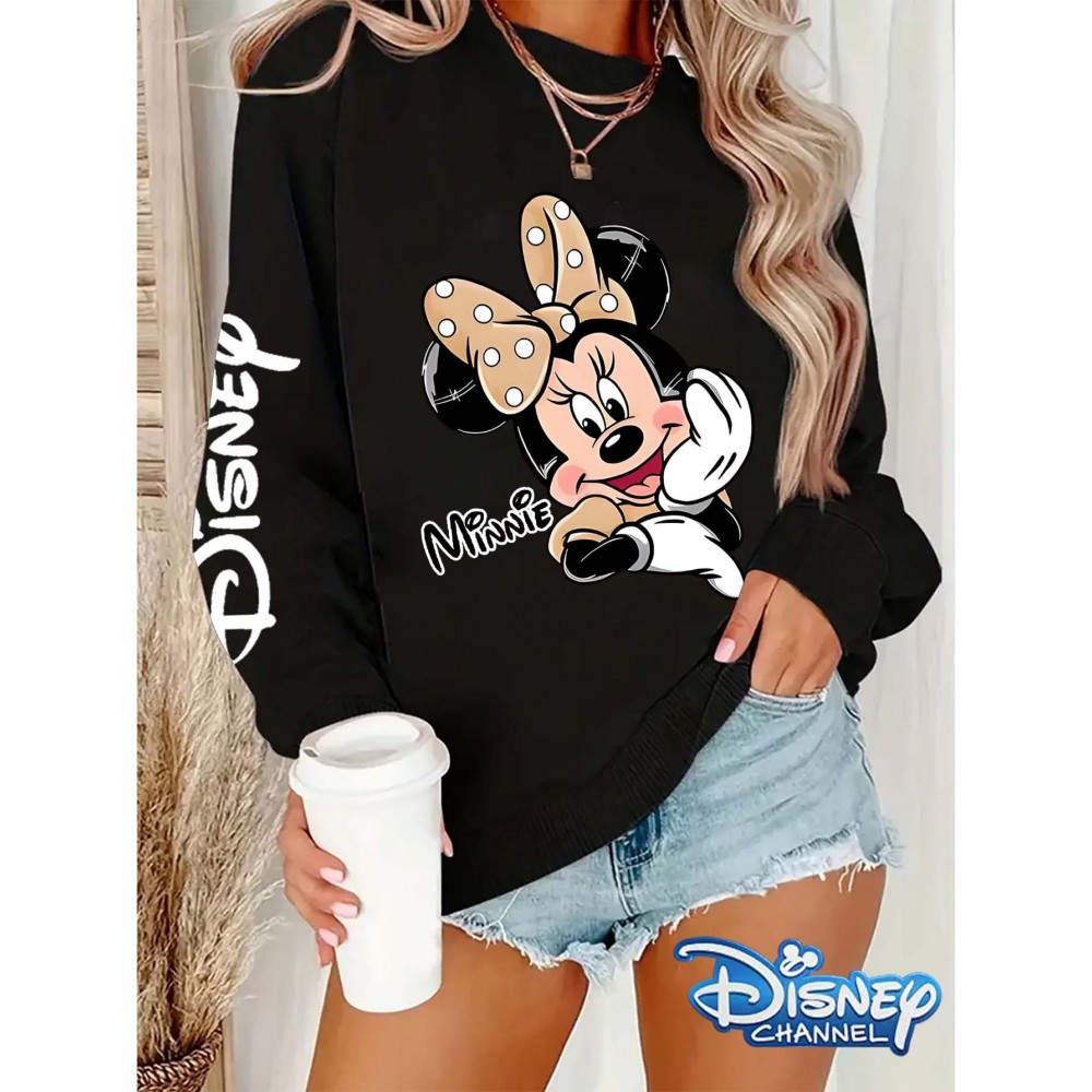Disney Official Women's Y2K Minnie Mouse Graphic Sweatshirt - Pink with Black & White Polka Dots, Loose-Fit Round Neck Long Sleeve Pullover, Cozy Fall Winter Casual Outfit for Themed Events & Casual Attire