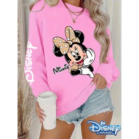 Disney Official Women's Y2K Minnie Mouse Graphic Sweatshirt - Pink with Black & White Polka Dots, Loose-Fit Round Neck Long Sleeve Pullover, Cozy Fall Winter Casual Outfit for Themed Events & Casual Attire