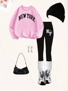 2pcs Set Women'S Casual New York Monogram Print Long Sleeve Knitted Polyester Spandex Crew Neck Sweatshirt & Sweatpants Set, Comfortable Stretch Fabric, 250g/m² 230g/m², for Fall, Winter, Outdoor Use