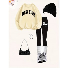 2pcs Set Women'S Casual New York Monogram Print Long Sleeve Knitted Polyester Spandex Crew Neck Sweatshirt & Sweatpants Set, Comfortable Stretch Fabric, 250g/m² 230g/m², for Fall, Winter, Outdoor Use