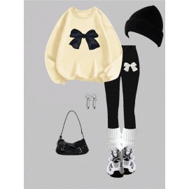 Women'S 2pcs Set, Women'S Casual Bow Print Design Crew Neck Sweatshirt and Leggings, Fall/ Winter