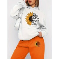 Autumn Winter New Arrival, Sunflower Creative Letter Print Hoodie Sweatshirt and Pants Two-Piece Set, Casual Style, with Pocket, for Women, Fall/Winter Collection, Graphic Design, Long Sleeve, Comfortable Fit, Perfect for Outdoor