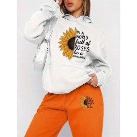Autumn Winter New Arrival, Sunflower Creative Letter Print Hoodie Sweatshirt and Pants Two-Piece Set, Casual Style, with Pocket, for Women, Fall/Winter Collection, Graphic Design, Long Sleeve, Comfortable Fit, Perfect for Outdoor